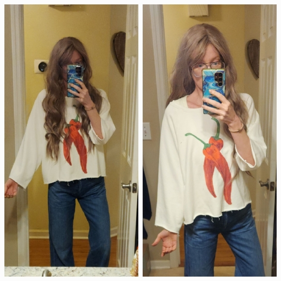 Free People X Retro Brand Upcycled Perfectly Cropped Hot Pepper Crew Sweatshirt - Picture 2 of 2